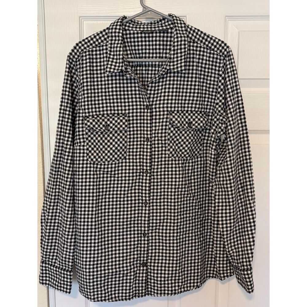 Eddie Bauer Women’s XXL Tall Black White Gingham Flannel Button Down Shirt